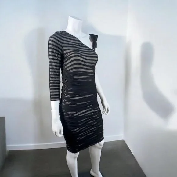 BCBGMaxAzria One Shoulder Striped Mesh Overlay Pencil Dress Black, size Medium - Picture 10 of 16